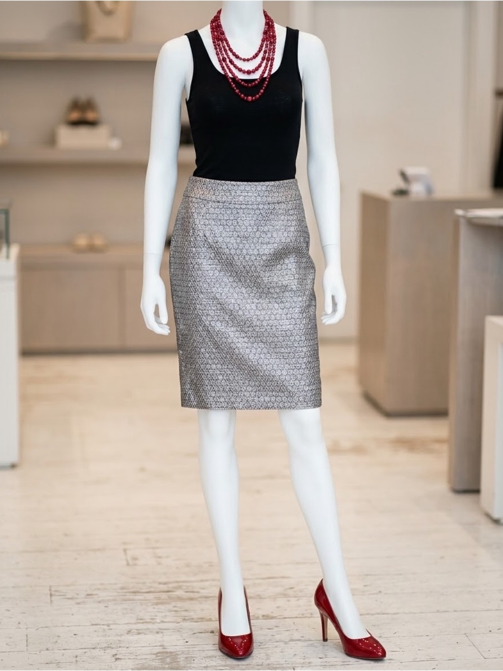 Charter Club Silver and Black Patterned Straight cut Skirt